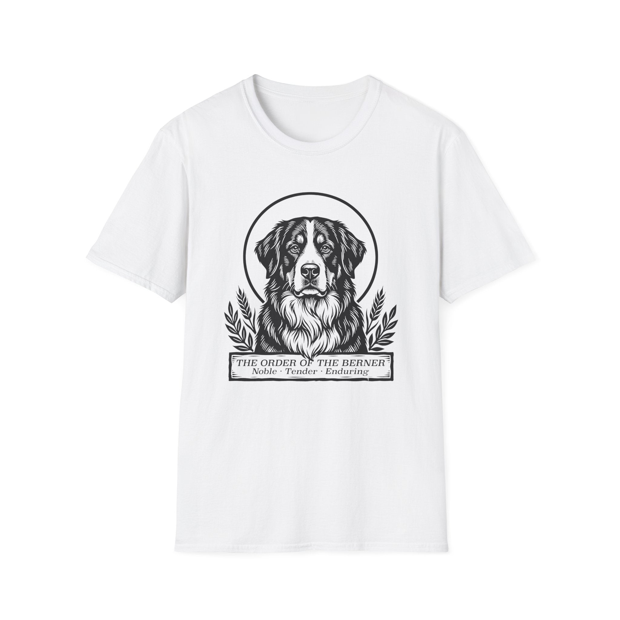 Holy Orders | Bernese Mountain Dog T-Shirt flat lay on navy shirt featuring a stained glass style illustration of a Bernese Mountain Dog depicted as a holy figure with a golden halo and the text 'Holy Orders.'
