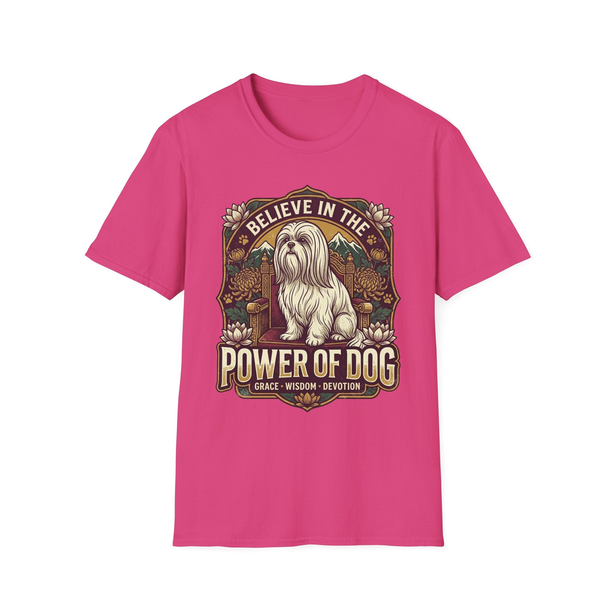 Believe in the Power of Dog Shih Tzu Throne T-Shirt in hot pink, flat lay, featuring a vintage badge graphic of a fluffy white Shih Tzu seated regally on a throne surrounded by lotus flowers and mountains, with text reading Believe in the Power of Dog and Grace, Wisdom, Devotion.