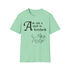 Rescue Mutt Ask and It Shall Be Fetched T-Shirt flat lay on white shirt featuring a Shel Silverstein-style pen-and-ink illustration of a Rescue Mutt proudly trotting with a very surprised ram and the text 'Ask and it shall be fetched.'