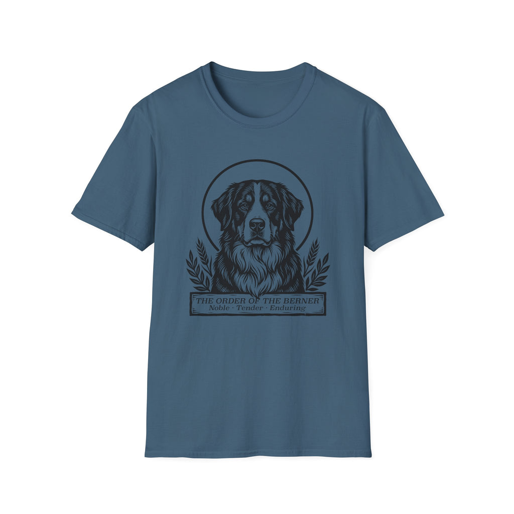 Holy Orders | Bernese Mountain Dog T-Shirt flat lay on white shirt featuring a stained glass style illustration of a Bernese Mountain Dog depicted as a holy figure with a golden halo and the text 'Holy Orders.'