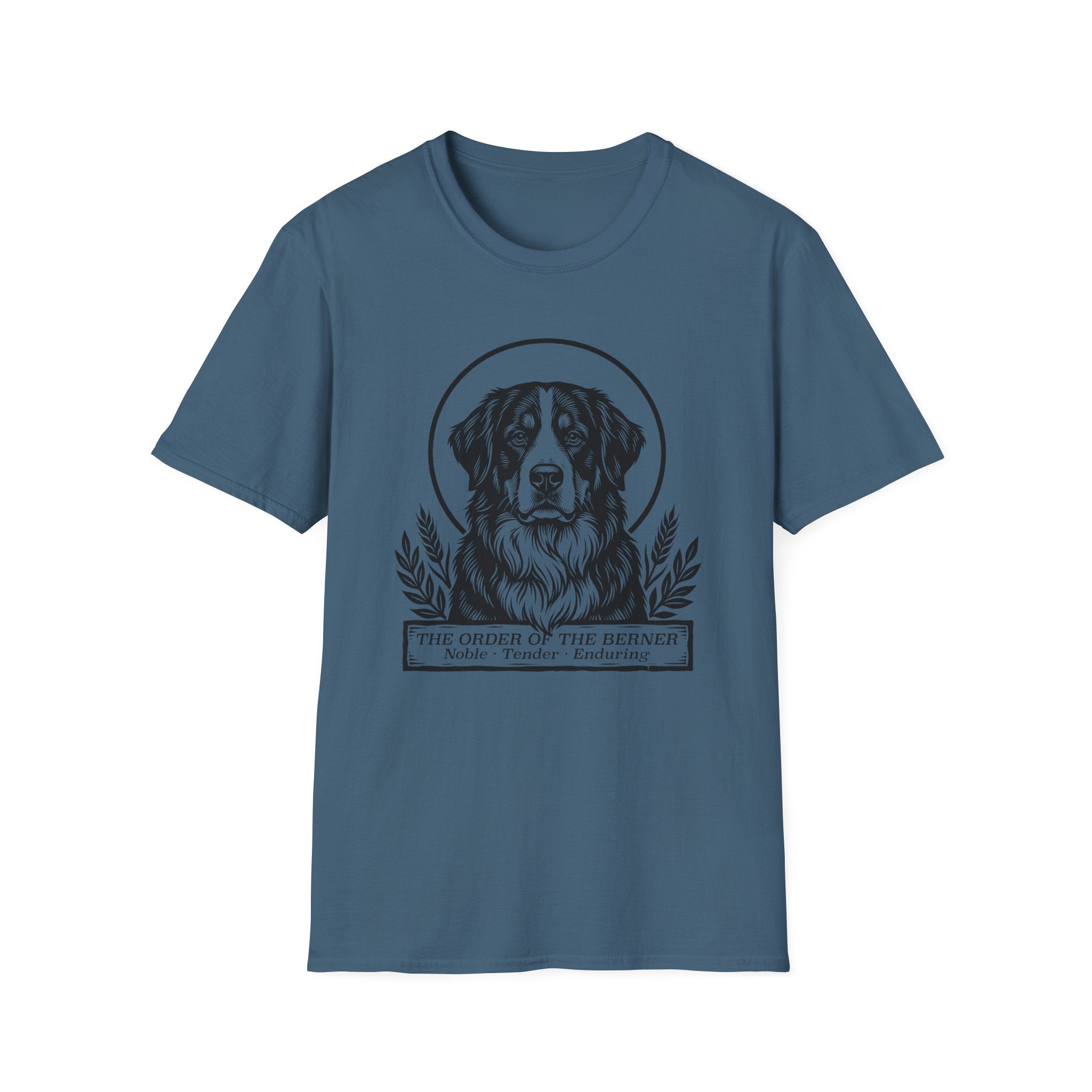 Holy Orders | Bernese Mountain Dog T-Shirt flat lay on white shirt featuring a stained glass style illustration of a Bernese Mountain Dog depicted as a holy figure with a golden halo and the text 'Holy Orders.'