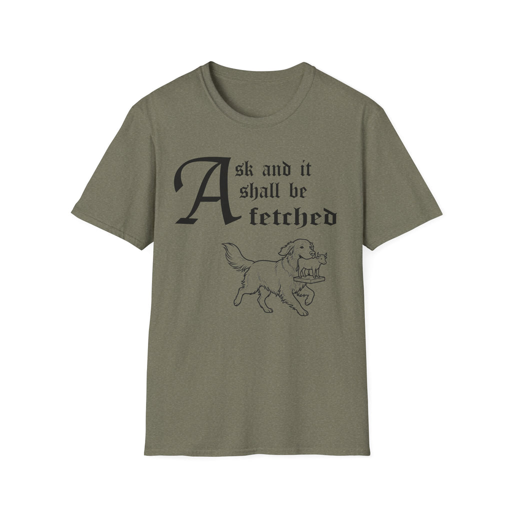 Ask and It Shall Be Fetched | Golden Retriever T-Shirt detail view featuring a Shel Silverstein-style pen-and-ink illustration of a Golden Retriever proudly trotting with a golden calf idol — a small statue of a young bull on a plinth held in her mouth and the text 'Ask and it shall be fetched.'