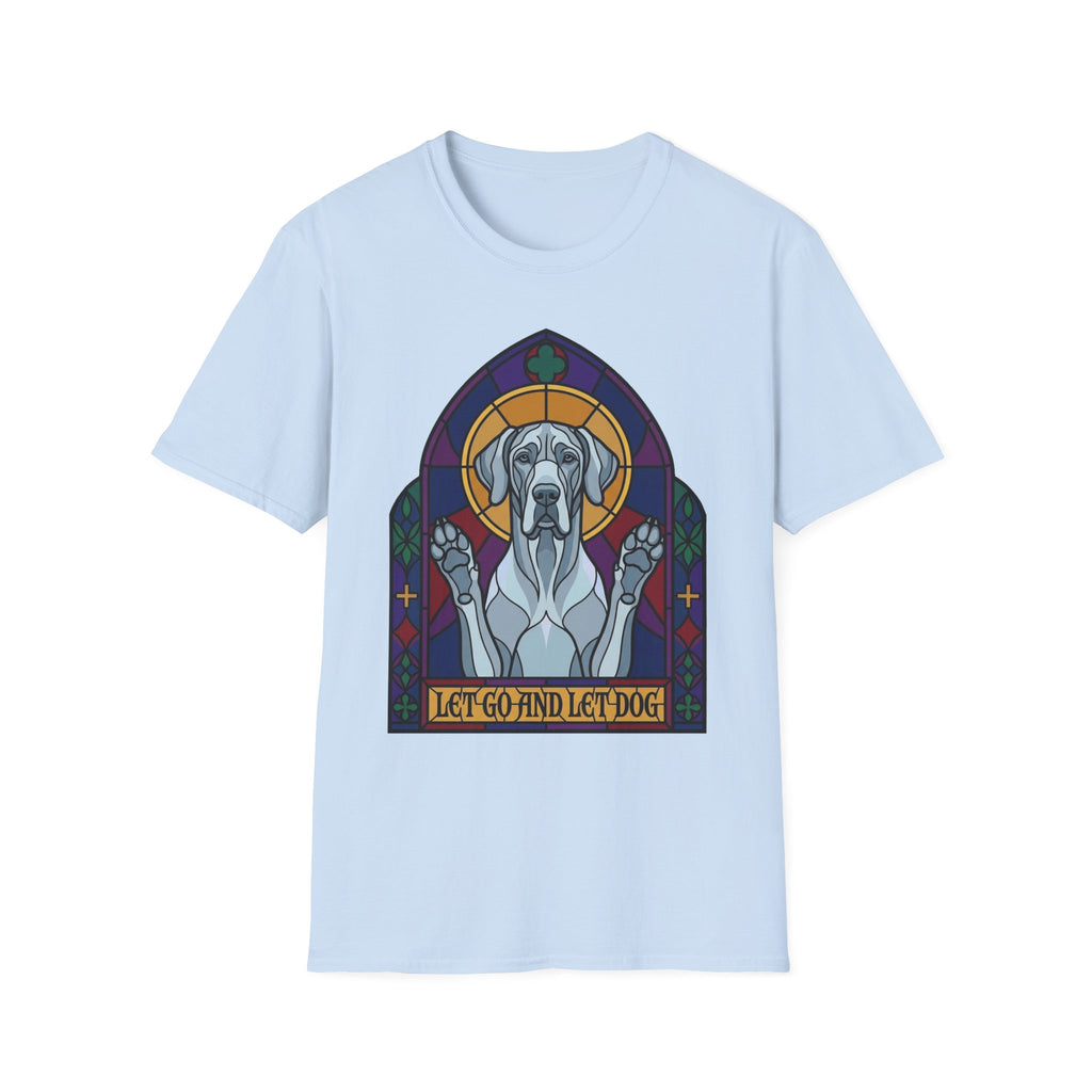 Let Go Let Dog Great Dane T-Shirt, flat lay on light blue tee featuring a stained-glass style Great Dane depicted as a spiritual figure with paws raised in a Gothic arch and the text Let Go and Let Dog.