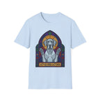 Let Go Let Dog Great Dane T-Shirt, flat lay on light blue tee featuring a stained-glass style Great Dane depicted as a spiritual figure with paws raised in a Gothic arch and the text Let Go and Let Dog.