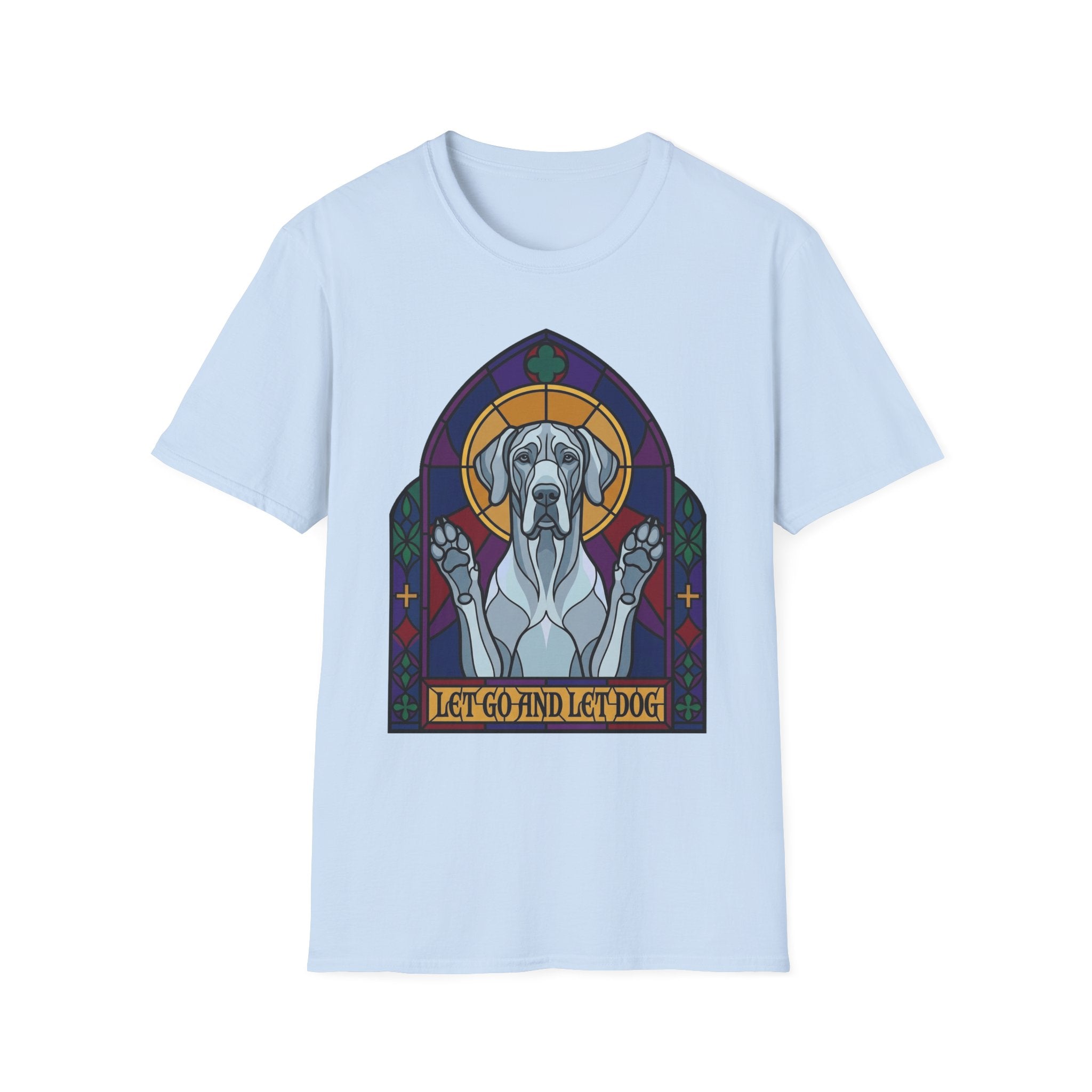 Let Go Let Dog Great Dane T-Shirt, flat lay on light blue tee featuring a stained-glass style Great Dane depicted as a spiritual figure with paws raised in a Gothic arch and the text Let Go and Let Dog.