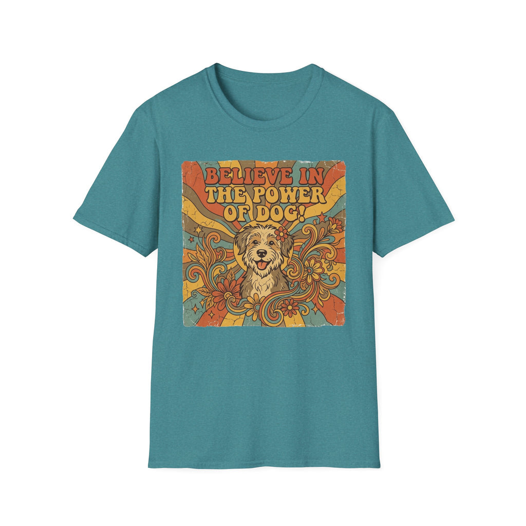 Believe in the Power of Dog Retro T-Shirt flat lay in heather teal, featuring a vintage 70s-style graphic of a fluffy dog face surrounded by swirling florals and rainbow rays with groovy lettering.