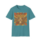 Believe in the Power of Dog Retro T-Shirt flat lay in heather teal, featuring a vintage 70s-style graphic of a fluffy dog face surrounded by swirling florals and rainbow rays with groovy lettering.