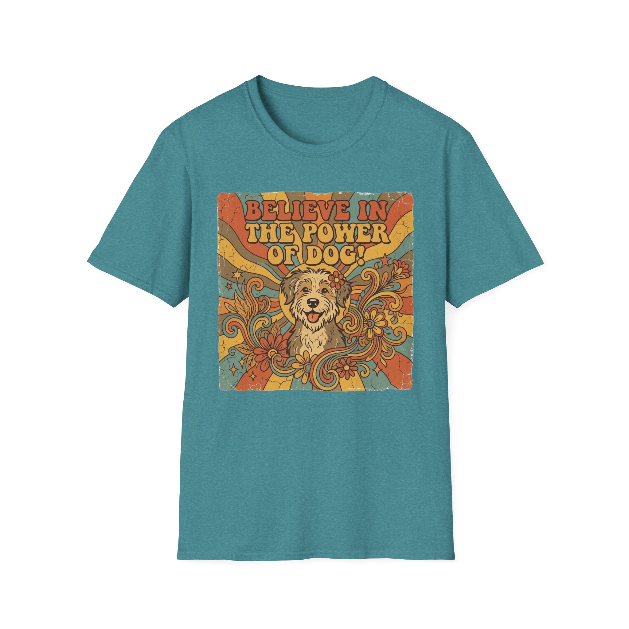 Believe in the Power of Dog Retro T-Shirt flat lay in heather teal, featuring a vintage 70s-style graphic of a fluffy dog face surrounded by swirling florals and rainbow rays with groovy lettering.