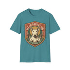 Let Go Let Dog Bull Terrier T-Shirt in teal, flat lay, featuring a vintage shield badge with a white bull terrier raising both paws and the text 'Let Go and Let Dog, Established 2024'.