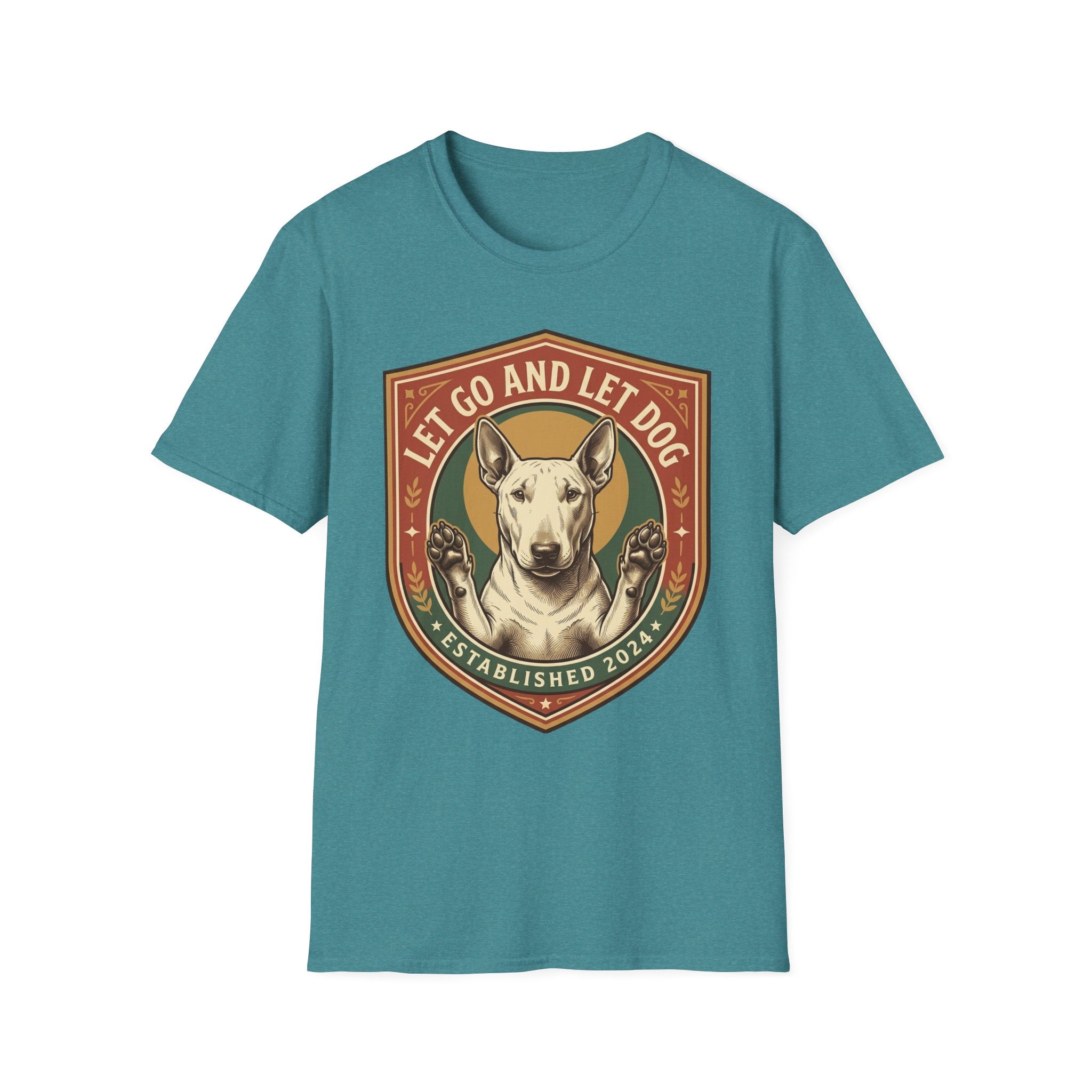 Let Go Let Dog Bull Terrier T-Shirt in teal, flat lay, featuring a vintage shield badge with a white bull terrier raising both paws and the text 'Let Go and Let Dog, Established 2024'.