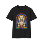 Let Go Let Dog Poodle T-Shirt, flat lay on black unisex tee featuring a stained-glass style poodle depicted as a spiritual figure with paws raised and the text Let Go and Let Dog.