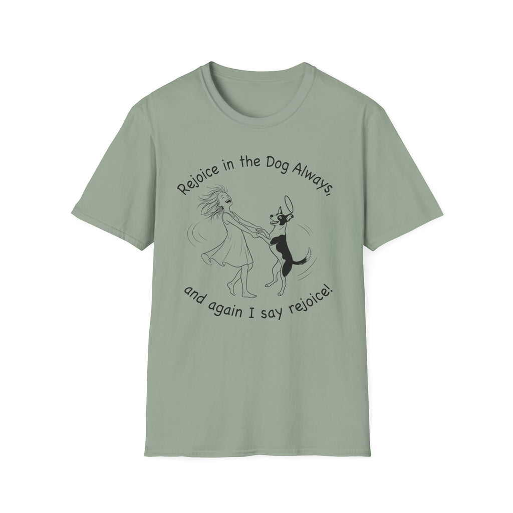 Sparse pen-and-ink illustration of a girl and a black-and-white mixed-breed Dog with a tilted halo spinning together, hand-lettered text reads 'Rejoice in the Dog Always!'