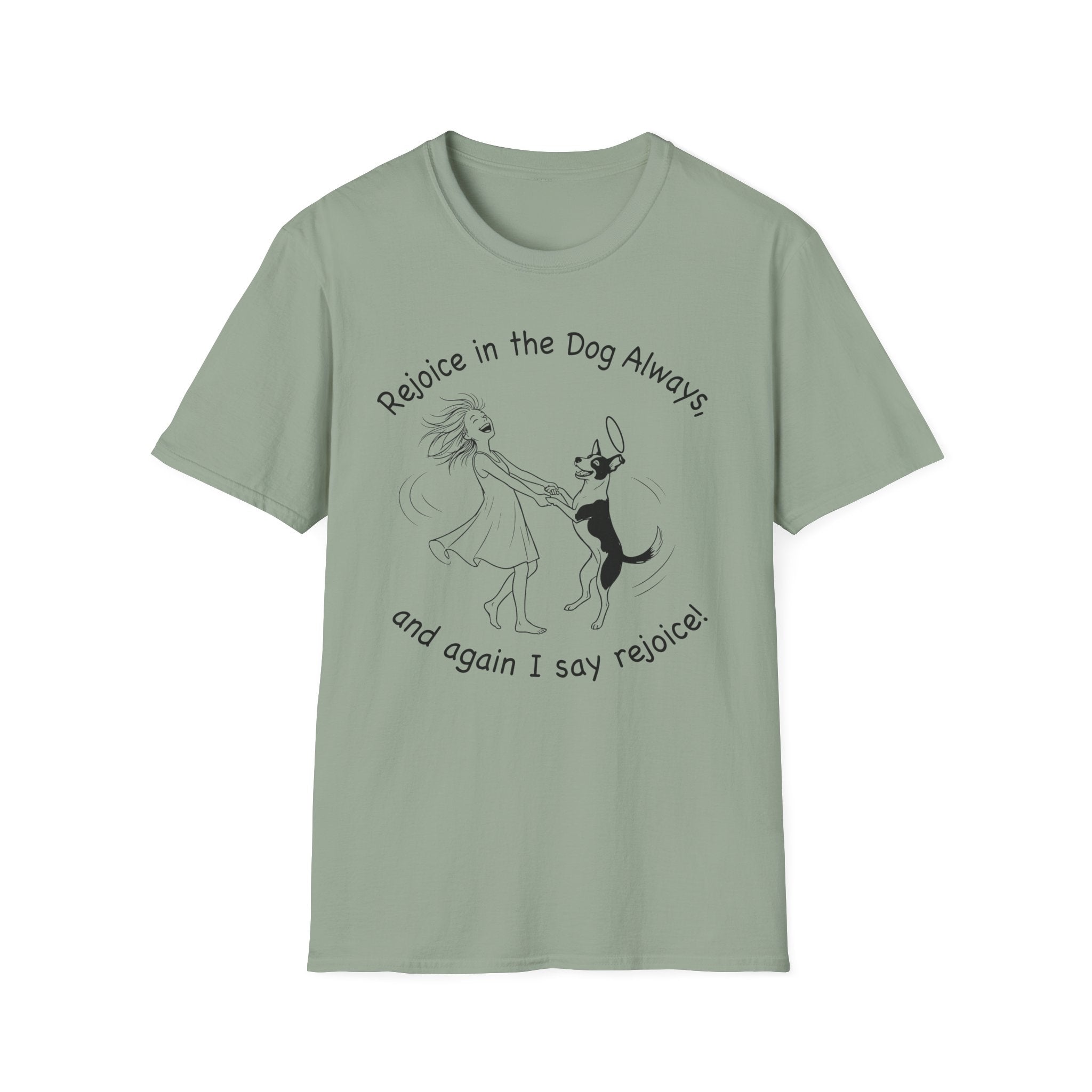Sparse pen-and-ink illustration of a girl and a black-and-white mixed-breed Dog with a tilted halo spinning together, hand-lettered text reads 'Rejoice in the Dog Always!'