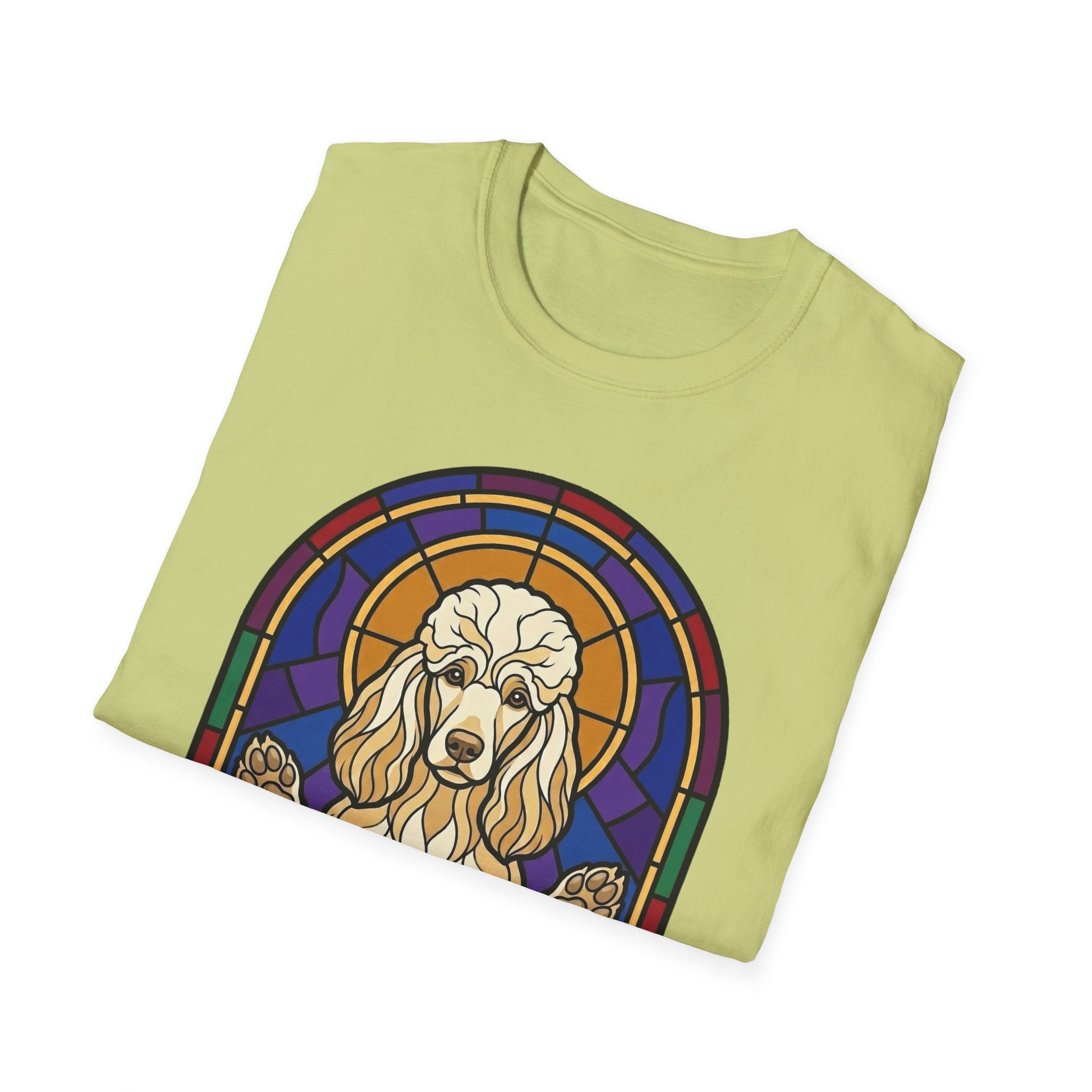 Let Go Let Dog Poodle T-Shirt, folded lime green tee showing the stained-glass poodle graphic with halo on the front.
