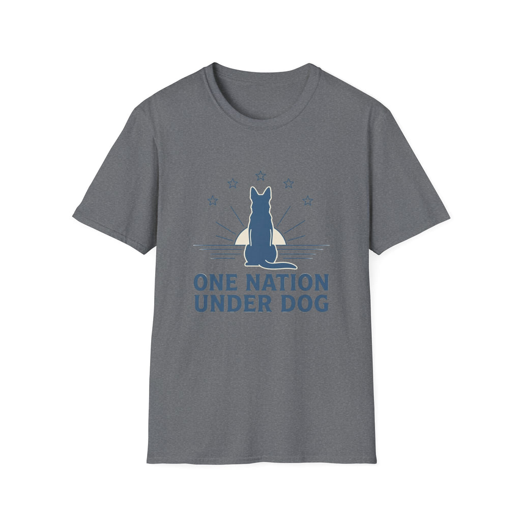 One Nation Under Dog T-Shirt flat lay in heather gray, featuring a blue dog silhouette seated before a rising sun with rays and surrounding stars, with bold text reading 'One Nation Under Dog.'
