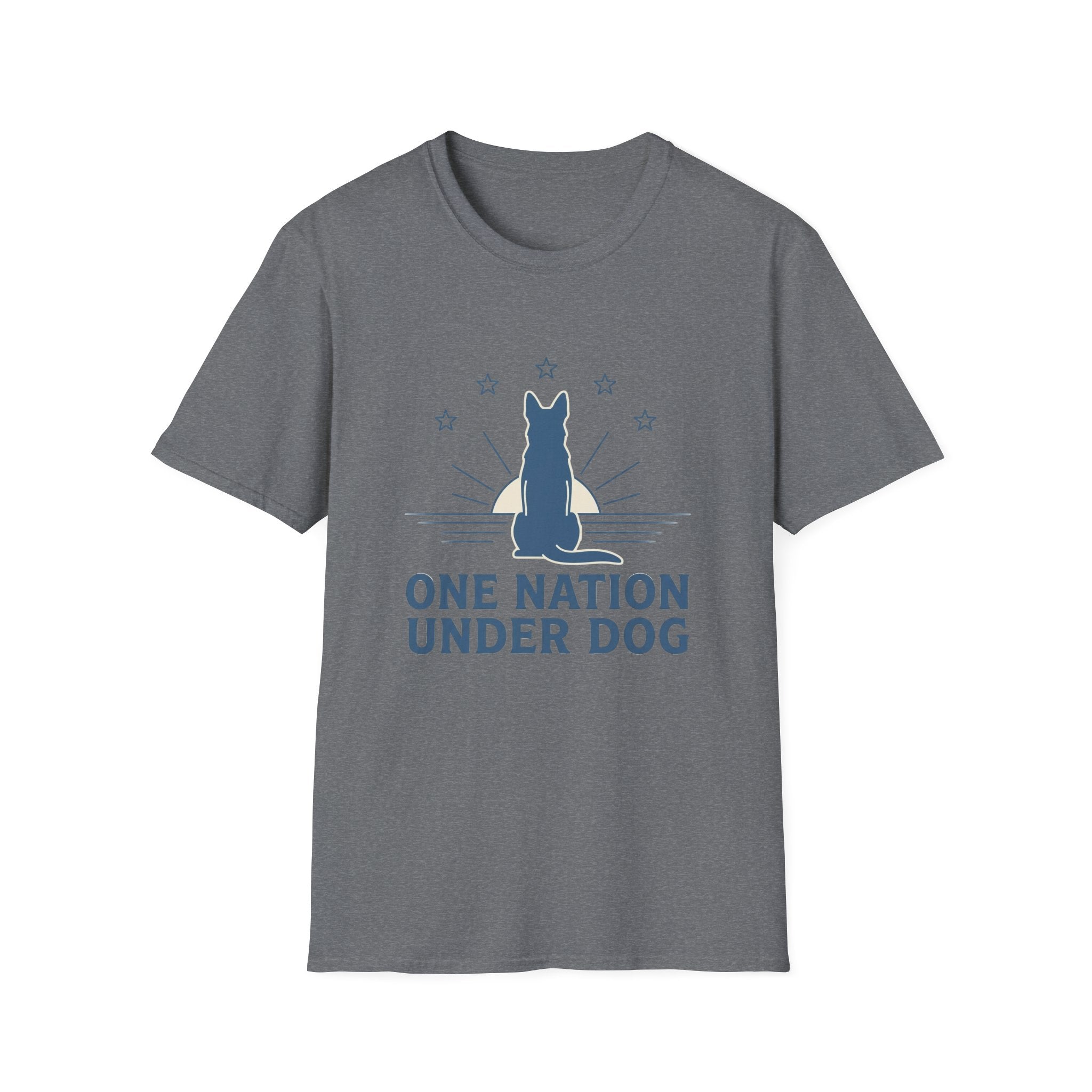 One Nation Under Dog T-Shirt flat lay in heather gray, featuring a blue dog silhouette seated before a rising sun with rays and surrounding stars, with bold text reading 'One Nation Under Dog.'