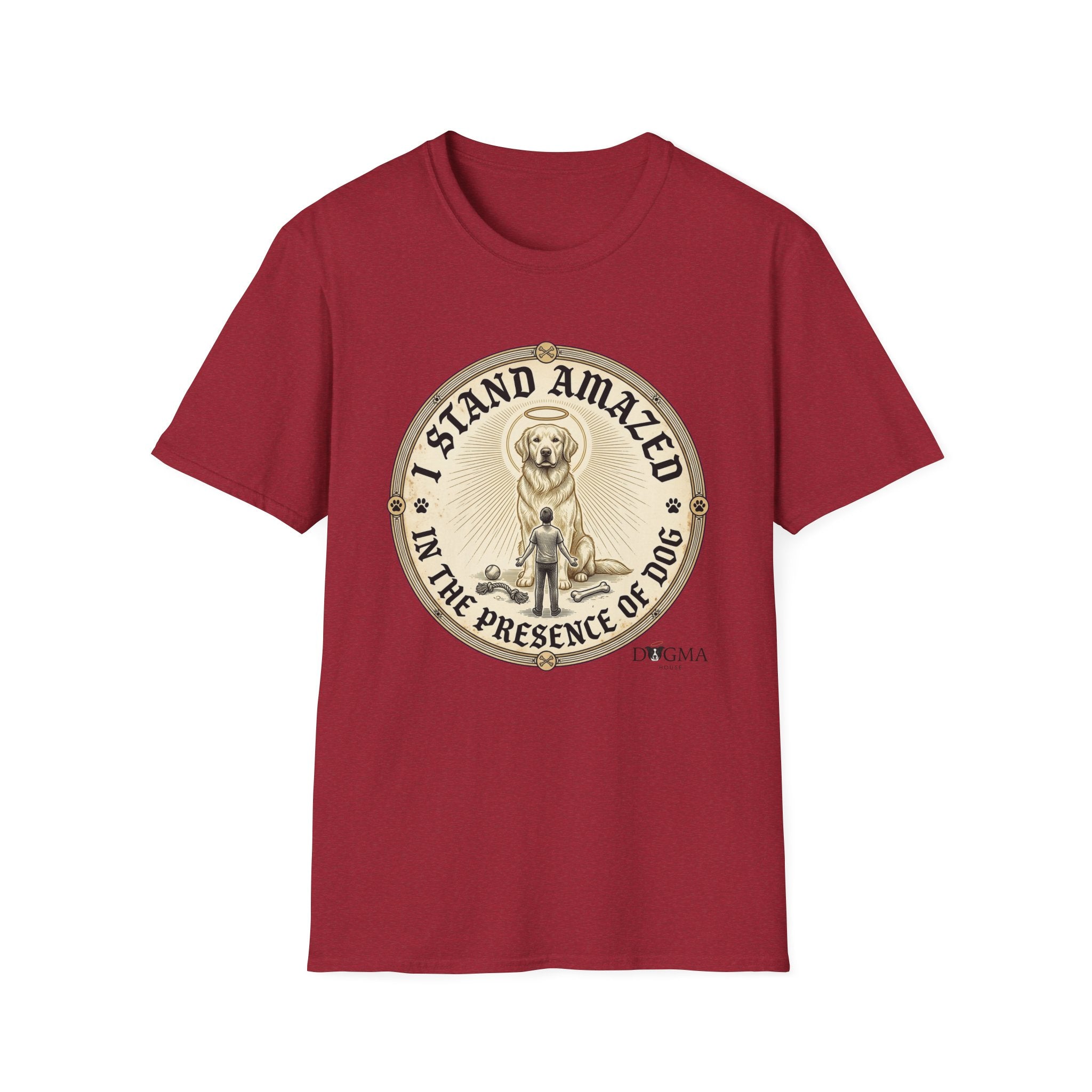 I Stand Amazed Golden Retriever T-Shirt flat lay in cardinal red, featuring a circular vintage-style graphic of a golden retriever with a halo and the text "I Stand Amazed in the Presence of Dog" with Dogma House branding.