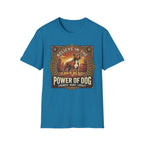 Believe in the Power of Dog Pitbull Cityscape T-Shirt in sapphire teal blue, flat lay, featuring a retro-style badge graphic of a muscular brown and white Pitbull standing proudly before a warm urban cityscape at sunset, with text reading Believe in the Power of Dog and Strength, Heart, Loyalty.