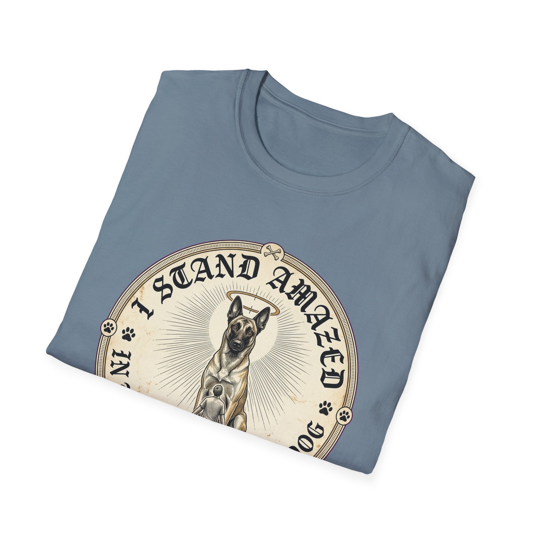 I Stand Amazed Belgian Malinois T-Shirt in steel blue, folded view showing the front graphic of the Belgian Malinois design with halo and 'I Stand Amazed' text.