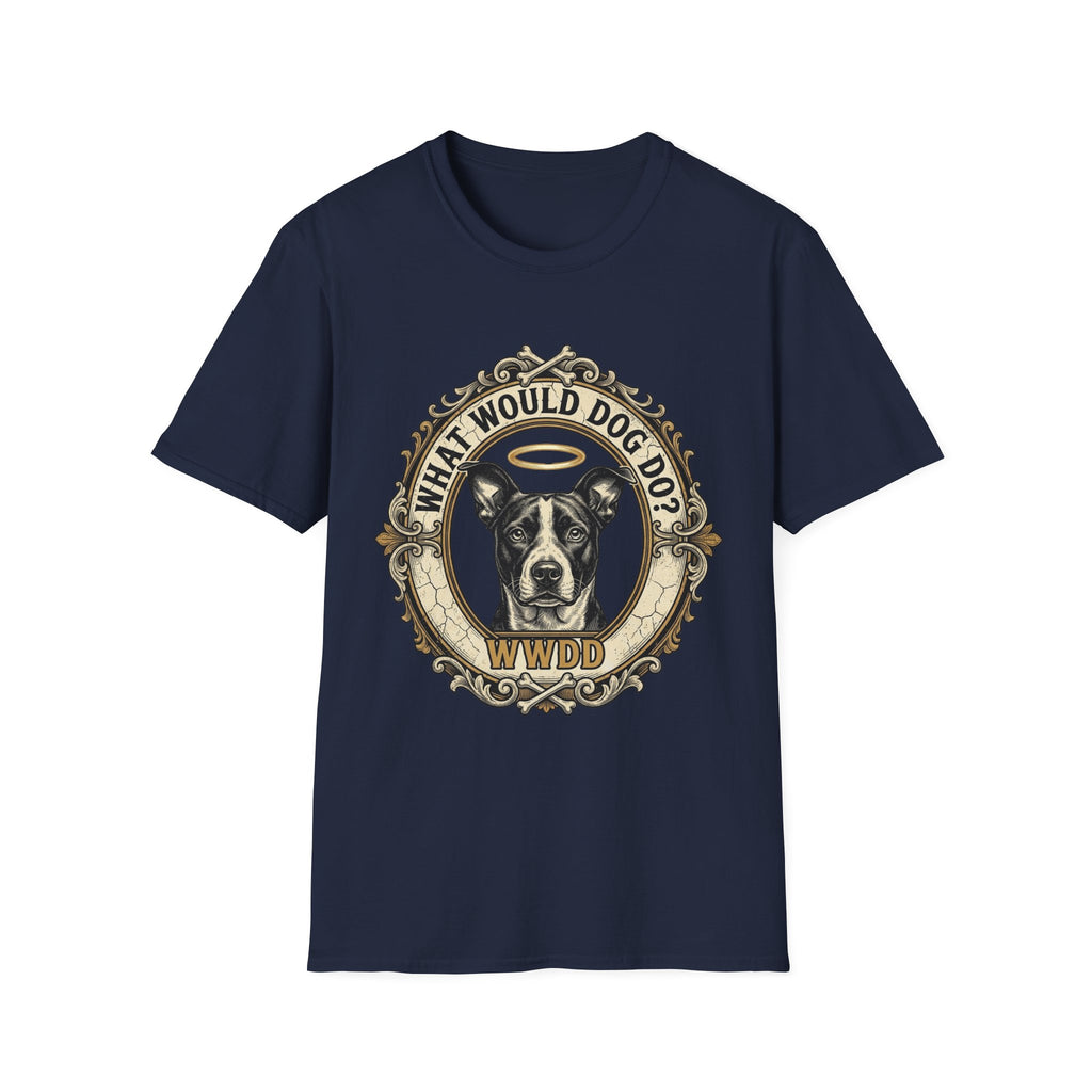 What Would Dog Do T-Shirt flat lay on navy blue shirt featuring an ornate vintage frame design with a halo-wearing pit bull and the text What Would Dog Do? WWDD.