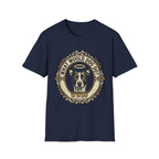 What Would Dog Do T-Shirt flat lay on navy blue shirt featuring an ornate vintage frame design with a halo-wearing pit bull and the text What Would Dog Do? WWDD.