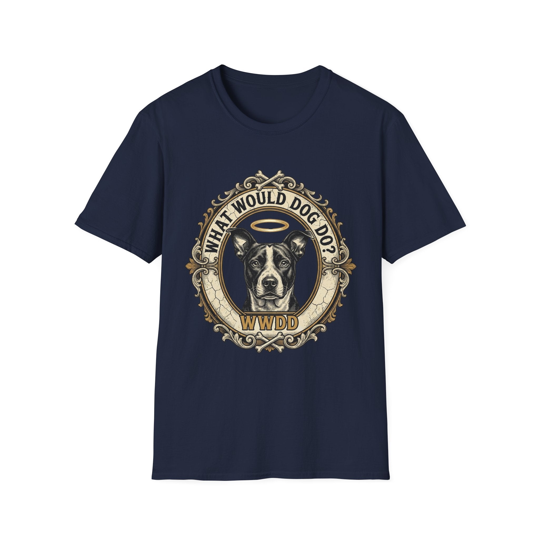 What Would Dog Do T-Shirt flat lay on navy blue shirt featuring an ornate vintage frame design with a halo-wearing pit bull and the text What Would Dog Do? WWDD.