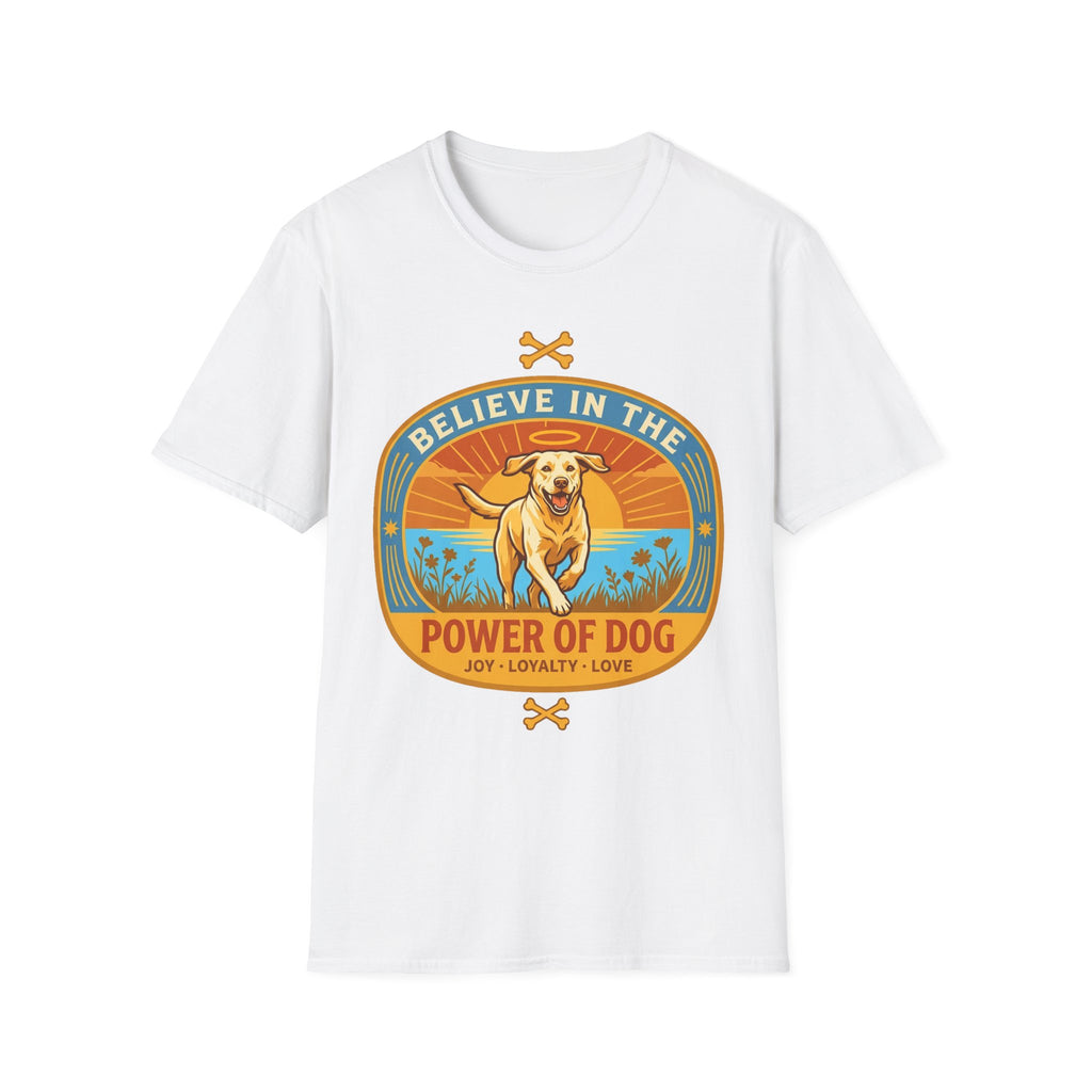 Believe in the Power of Dog Yellow Lab T-Shirt in white, flat lay view showing a retro-style oval badge with a halo-wearing yellow Labrador running joyfully through a sunlit field, with the words 'Joy Loyalty Love' and crossed bones.