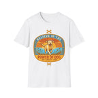 Believe in the Power of Dog Yellow Lab T-Shirt in white, flat lay view showing a retro-style oval badge with a halo-wearing yellow Labrador running joyfully through a sunlit field, with the words 'Joy Loyalty Love' and crossed bones.
