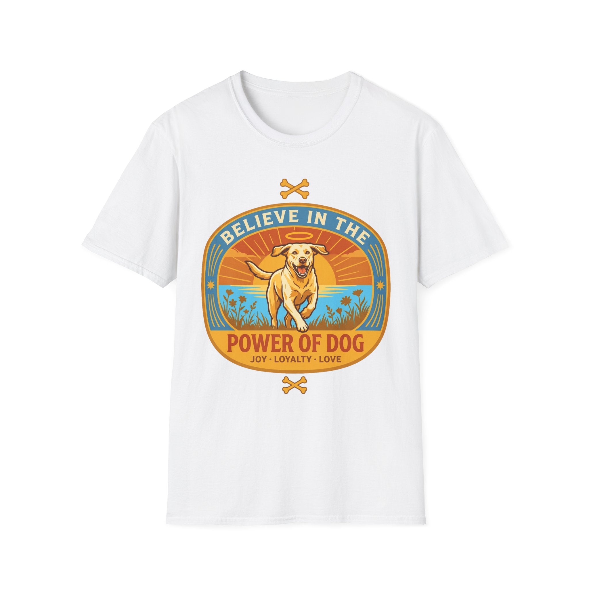 Believe in the Power of Dog Yellow Lab T-Shirt in white, flat lay view showing a retro-style oval badge with a halo-wearing yellow Labrador running joyfully through a sunlit field, with the words 'Joy Loyalty Love' and crossed bones.