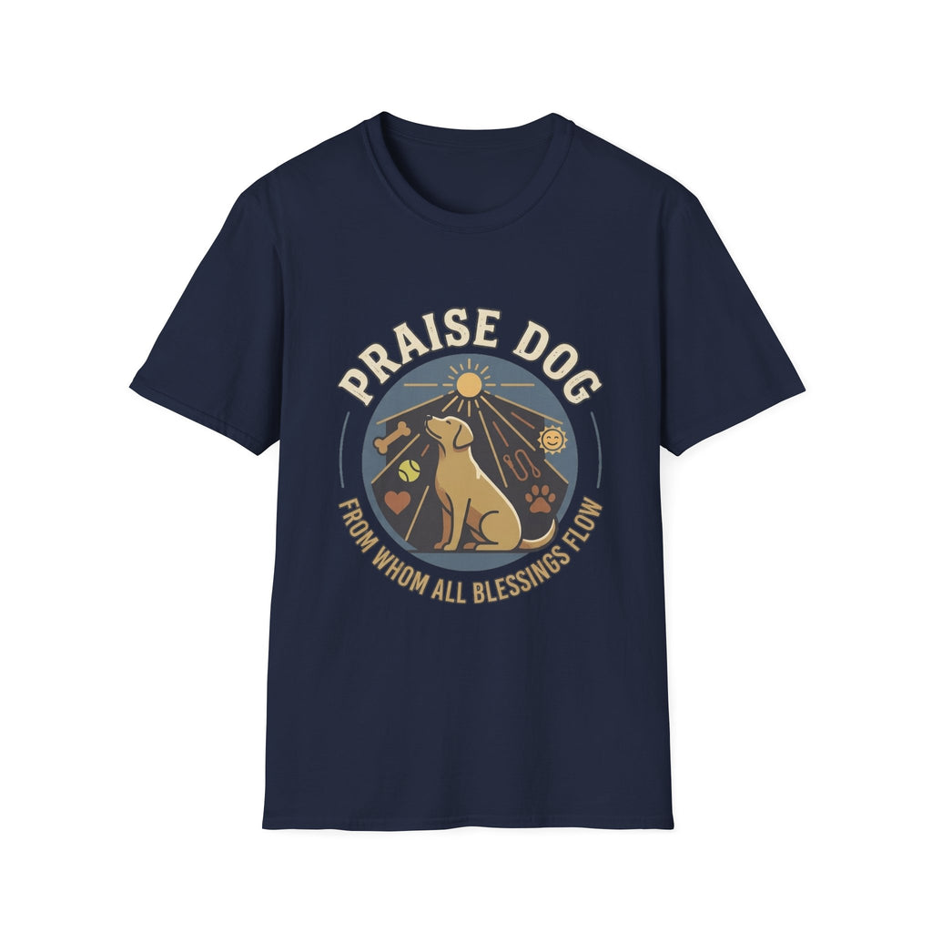 Praise Dog From Whom All Blessings Flow Labrador T-Shirt flat lay in navy blue, featuring a circular badge graphic of a golden Labrador gazing upward at a sunburst, surrounded by icons of a bone, tennis ball, paw print, and smiley face.