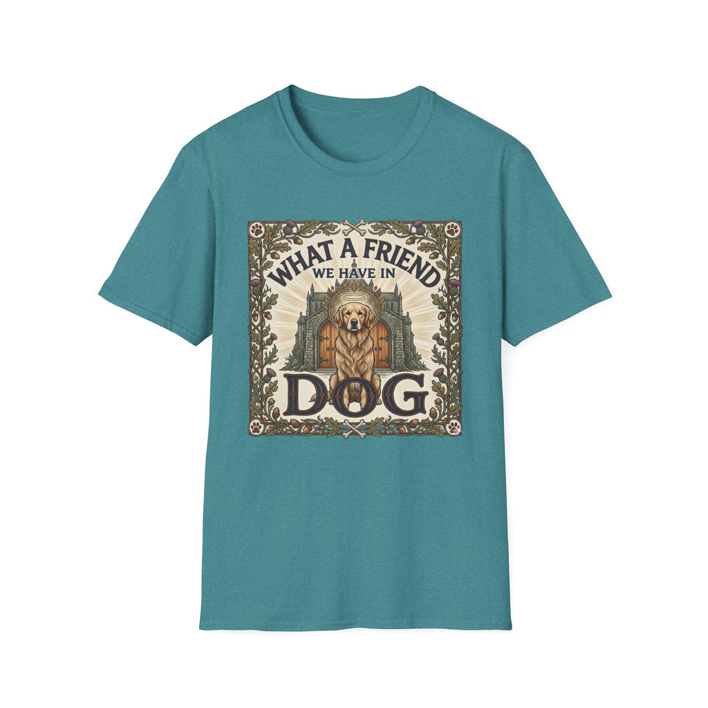 What a Friend We Have in Dog T-Shirt flat lay, heather teal shirt featuring a vintage botanical-framed graphic of a golden retriever with a halo seated before a cathedral archway with the text 'What a Friend We Have in Dog.'
