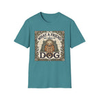 What a Friend We Have in Dog T-Shirt flat lay, heather teal shirt featuring a vintage botanical-framed graphic of a golden retriever with a halo seated before a cathedral archway with the text 'What a Friend We Have in Dog.'