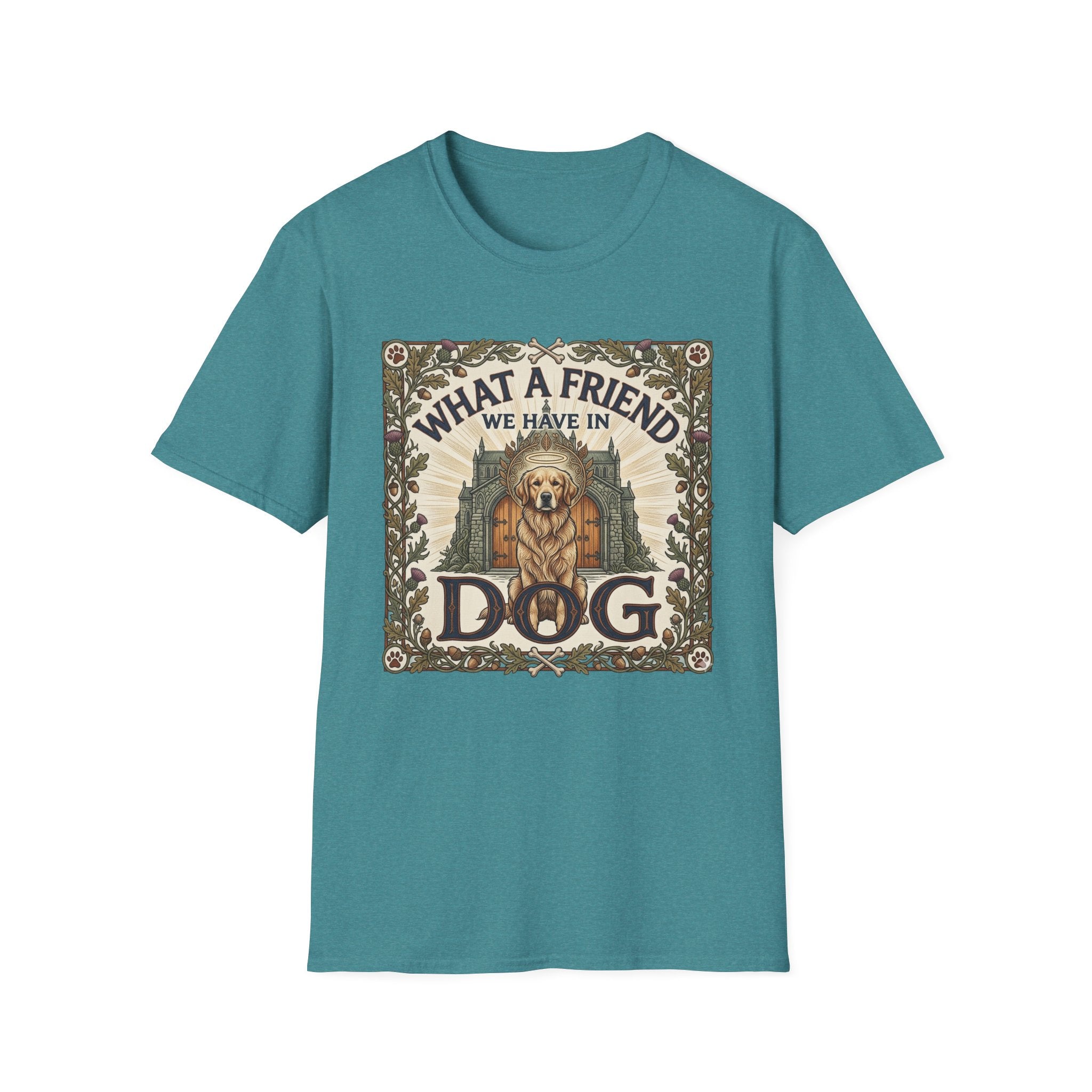 What a Friend We Have in Dog T-Shirt flat lay, heather teal shirt featuring a vintage botanical-framed graphic of a golden retriever with a halo seated before a cathedral archway with the text 'What a Friend We Have in Dog.'