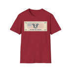 In Dog We Trust Bill T-Shirt flat lay in cardinal red, featuring a currency-style graphic of a dog portrait with a halo set against a vintage American flag, printed with the text 'In Dog We Trust.'