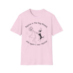 Rejoice in the Dog T-Shirt in light pink, flat lay, featuring a playful line drawing of a woman joyfully dancing with a leaping dog and the text 'Rejoice in the Dog Always, and again I say rejoice!'