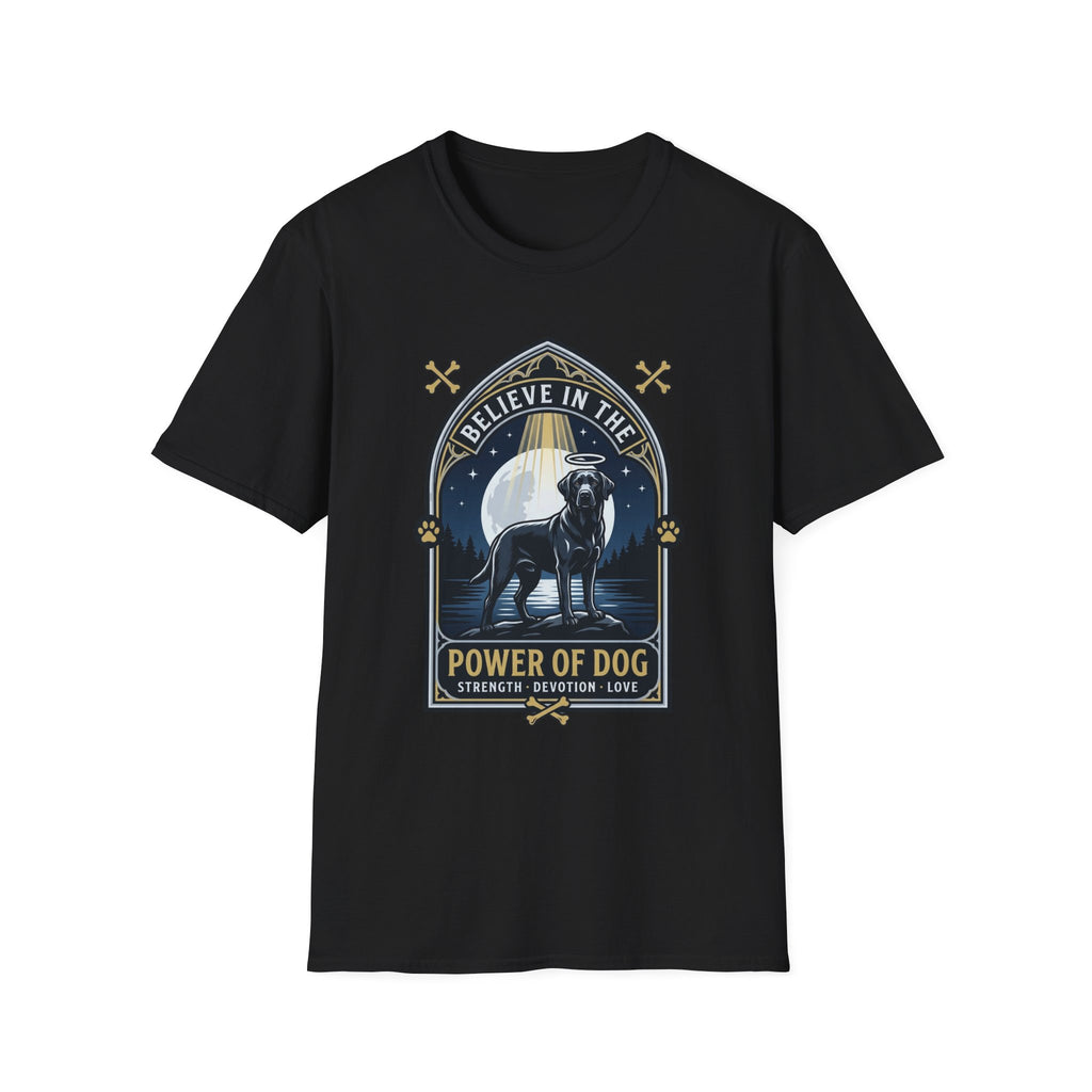 Believe in the Power of Dog Black Lab T-Shirt in black, flat lay view showing a gothic arch-framed graphic of a halo-wearing black Labrador standing under a full moon with a starry night sky, paw prints, crossed bones, and the words 'Strength Devotion Love'.