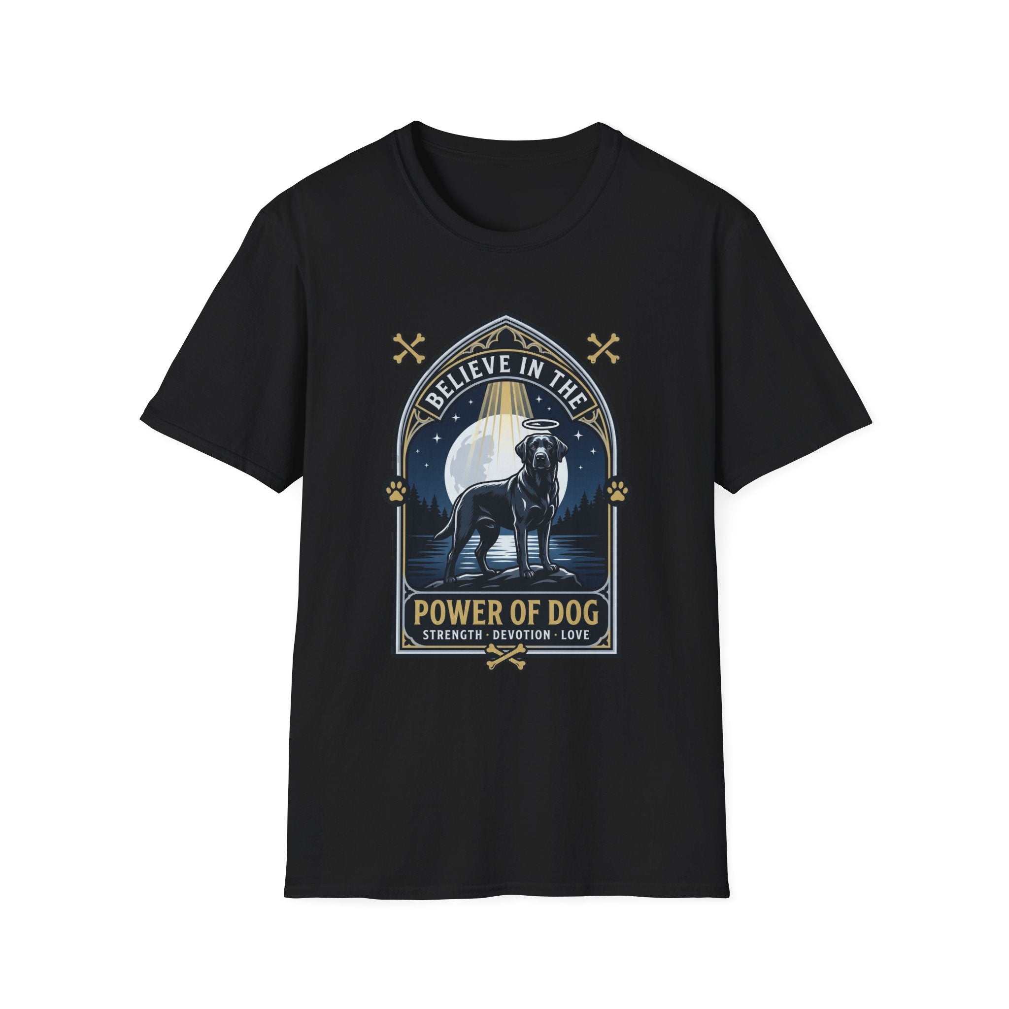 Believe in the Power of Dog Black Lab T-Shirt in black, flat lay view showing a gothic arch-framed graphic of a halo-wearing black Labrador standing under a full moon with a starry night sky, paw prints, crossed bones, and the words 'Strength Devotion Love'.