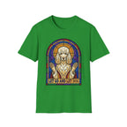 Let Go Let Dog Poodle T-Shirt, flat lay on bright green tee featuring a stained-glass style poodle depicted as a spiritual figure with paws raised and the text Let Go and Let Dog.