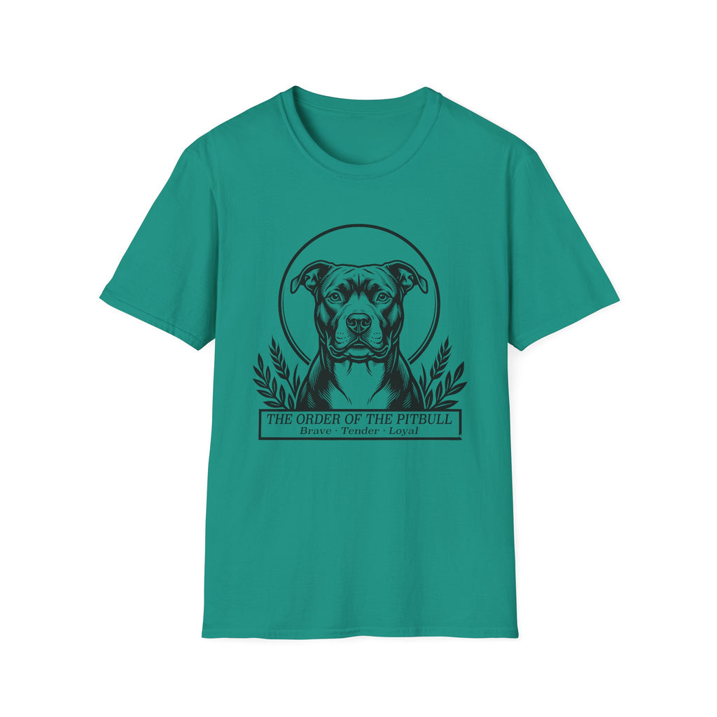 Holy Orders | Pitbull T-Shirt detail view featuring a stained glass style illustration of a Pitbull depicted as a holy figure with a golden halo and the text 'Holy Orders.'