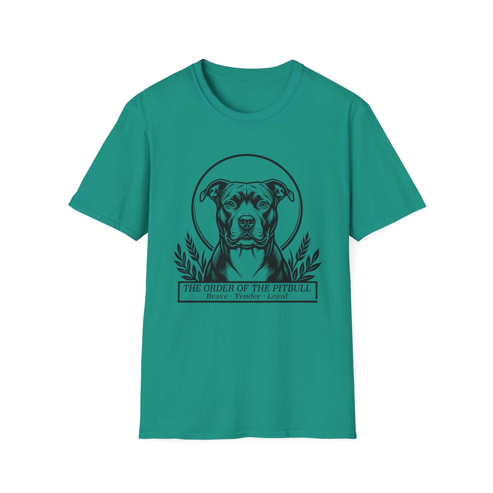 Holy Orders | Pitbull T-Shirt detail view featuring a stained glass style illustration of a Pitbull depicted as a holy figure with a golden halo and the text 'Holy Orders.'