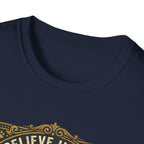 Believe in the Power of Dog T-shirt close-up detail on navy blue shirt showing the ornate gold border and 'Believe In The' text of the vintage badge graphic.