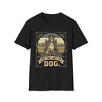 For the Love of Dog Whippet T-Shirt flat lay in black featuring a crowned whippet seated on a throne in a vintage illustration with an ornate thorn and bone border, "For the Love of Dog" banner below.