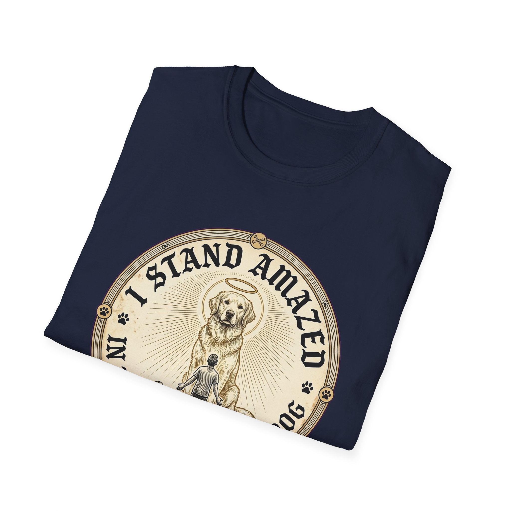 I Stand Amazed Golden Retriever T-Shirt folded view in navy, showing the golden retriever with halo graphic and "I Stand Amazed" text on the front chest.