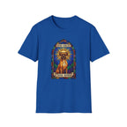 How Great Thou Bark Boxer T-Shirt flat lay on royal blue shirt featuring a stained glass arched window graphic of a saintly Boxer dog seated with a golden halo, with 'How Great Thou Bark' scrolls above and below.