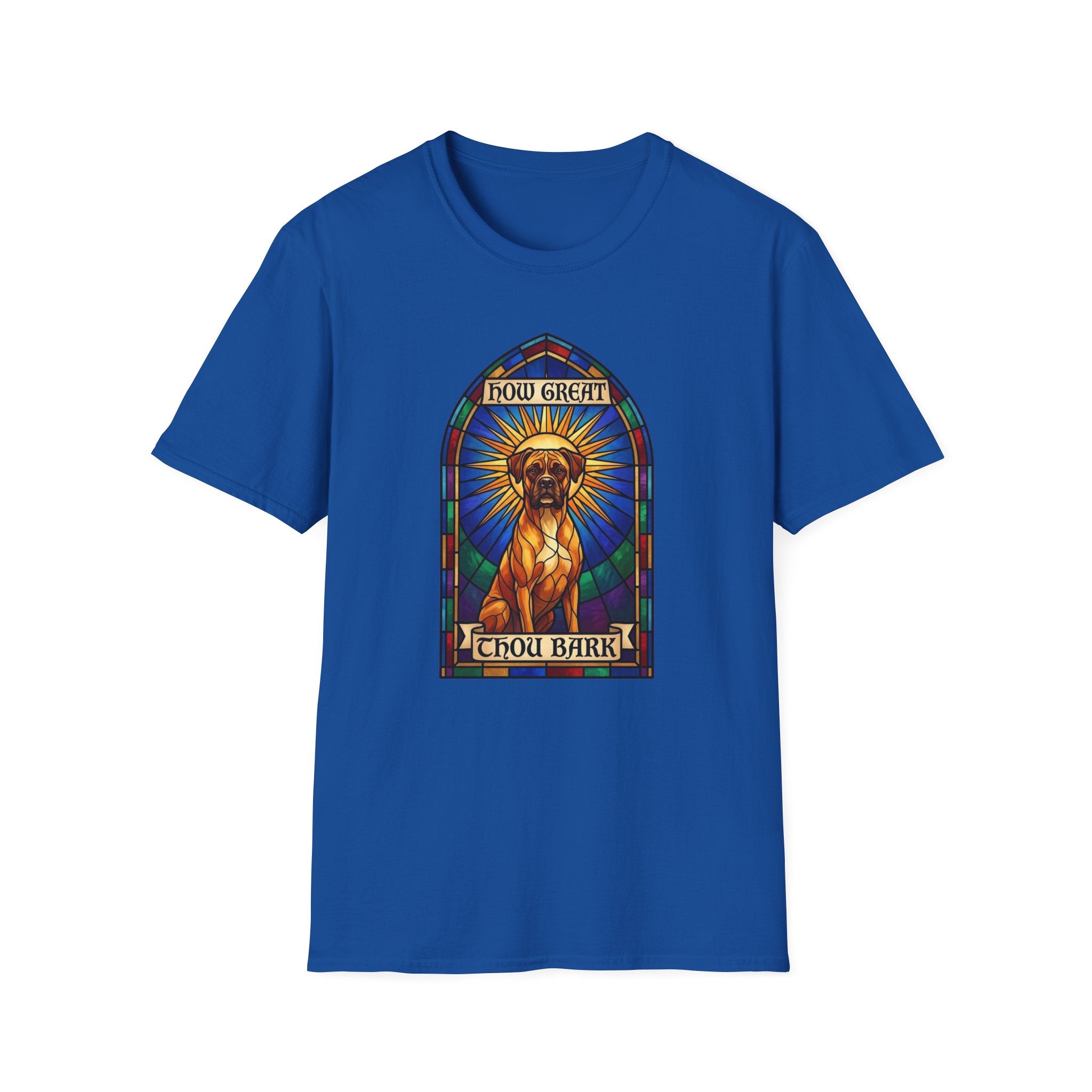 How Great Thou Bark Boxer T-Shirt flat lay on royal blue shirt featuring a stained glass arched window graphic of a saintly Boxer dog seated with a golden halo, with 'How Great Thou Bark' scrolls above and below.