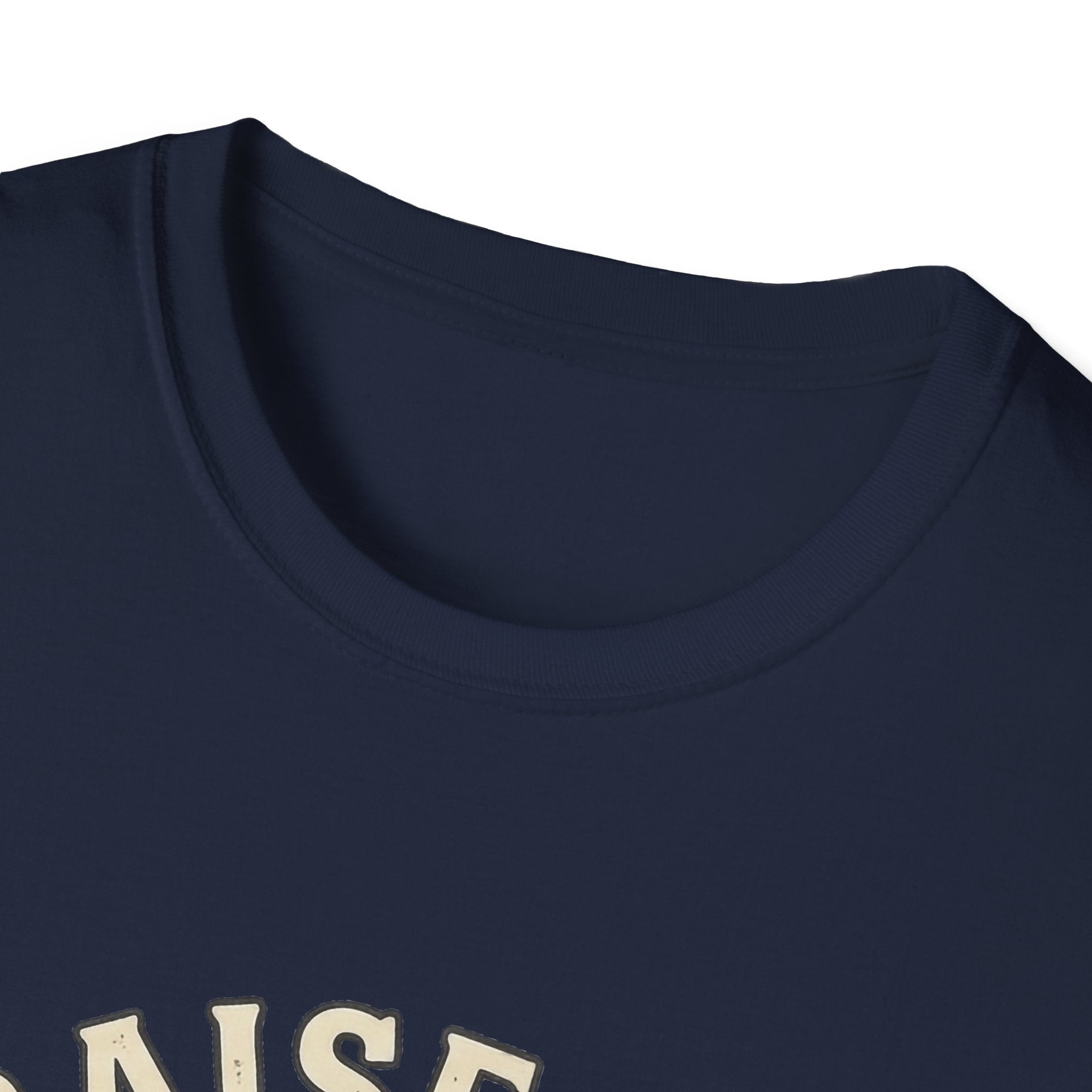 Praise Dog From Whom All Blessings Flow Labrador T-Shirt close-up detail of the collar area on a navy blue shirt, showing the top of the Praise Dog text graphic.