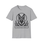 Holy Orders | German Shepherd T-Shirt detail view featuring a stained glass style illustration of a German Shepherd depicted as a holy figure with a golden halo and the text 'Holy Orders.'