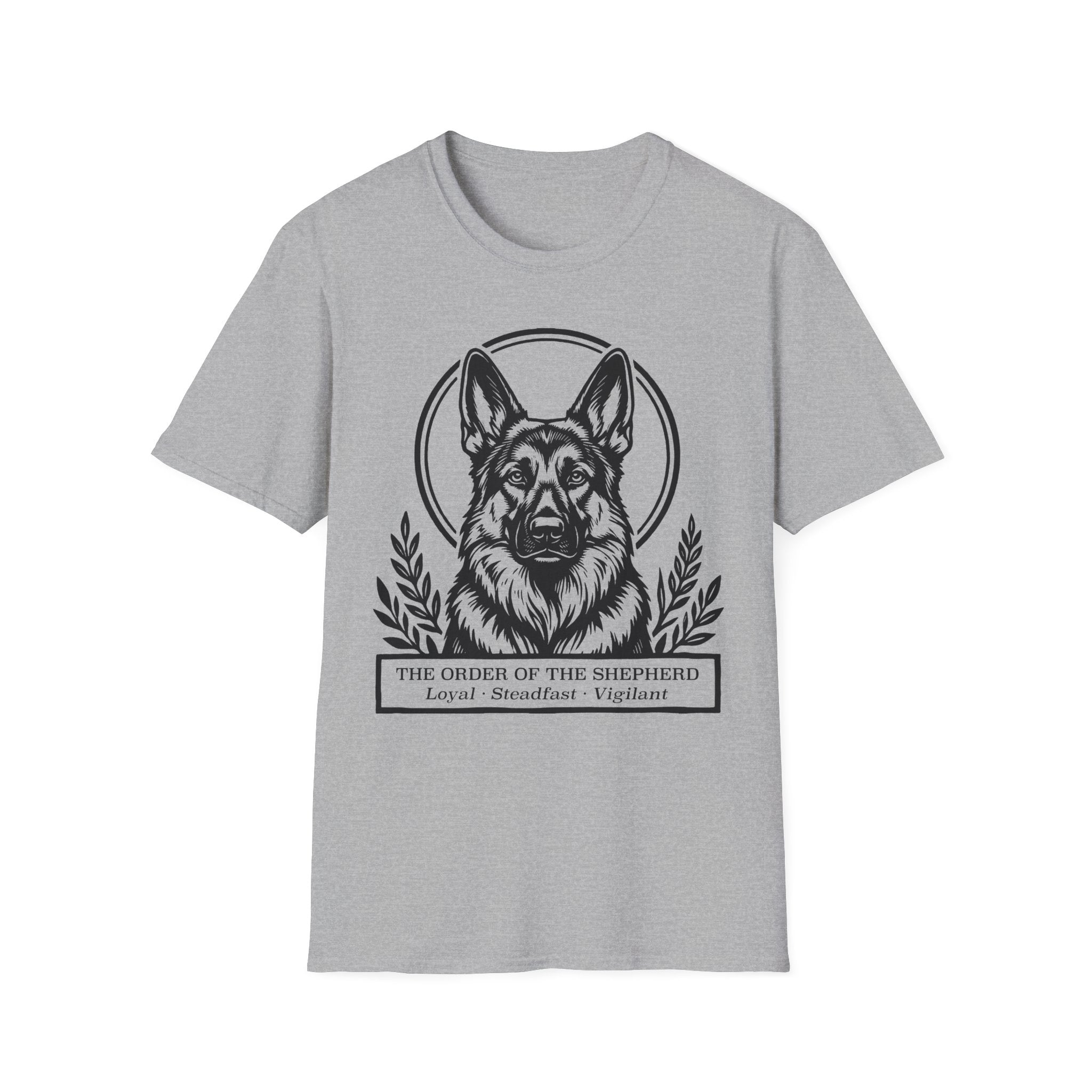 Holy Orders | German Shepherd T-Shirt detail view featuring a stained glass style illustration of a German Shepherd depicted as a holy figure with a golden halo and the text 'Holy Orders.'