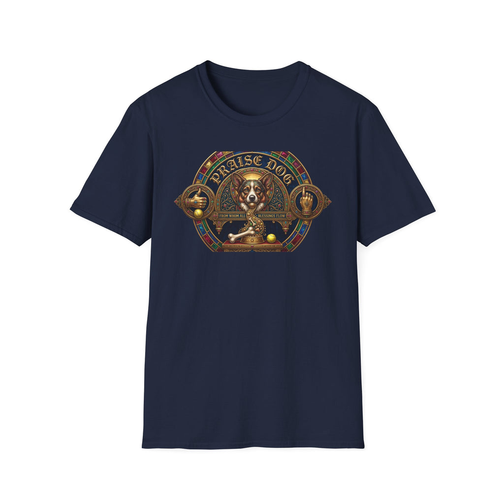 Praise Dog From Whom All Blessings Flow Corgi T-Shirt flat lay in navy blue, featuring an ornate medieval stained-glass style graphic of a regal corgi seated in a jewel-encrusted octagonal frame with gold gothic lettering and dog bone and tennis ball accents.