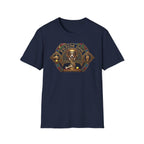 Praise Dog From Whom All Blessings Flow Corgi T-Shirt flat lay in navy blue, featuring an ornate medieval stained-glass style graphic of a regal corgi seated in a jewel-encrusted octagonal frame with gold gothic lettering and dog bone and tennis ball accents.